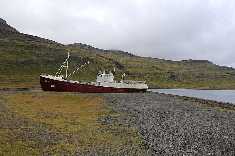 The Gardar BA 64 is a shipwreck lying on a Westfjords shoreline.