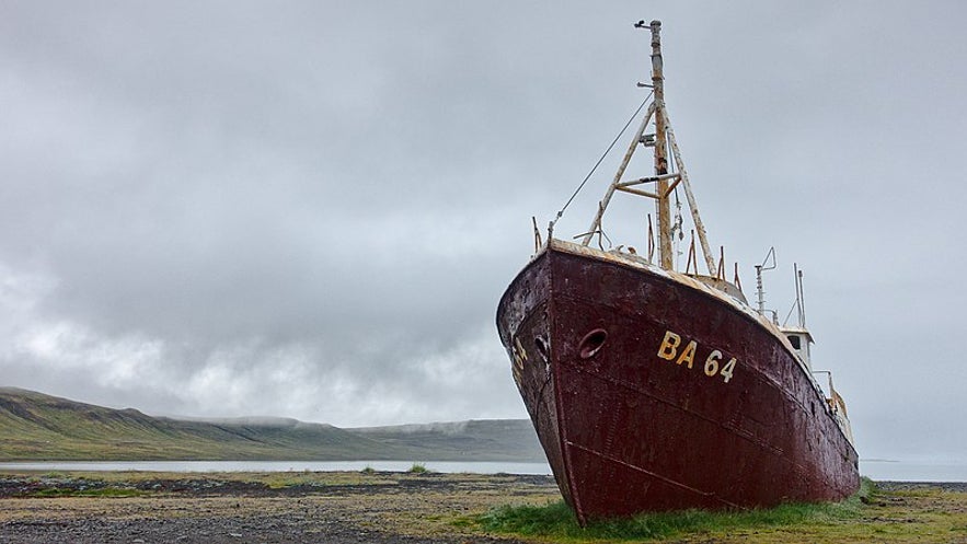 The Gardar BA 64 is Iceland’s oldest steel ship, a whaling and fishing vessel for years, now lying on the shores of Patreksfjordur fjord in the Westfjords.