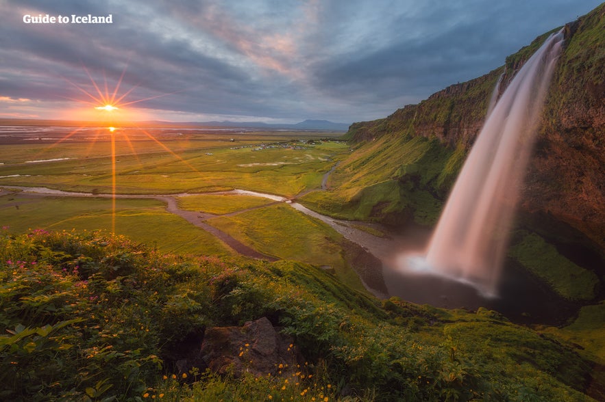 The majestic Seljalandsfoss waterfall during summer.