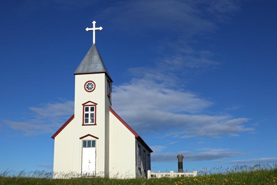 Close up view of Saudanes church