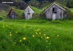 Row of three turf houses in South Iceland.