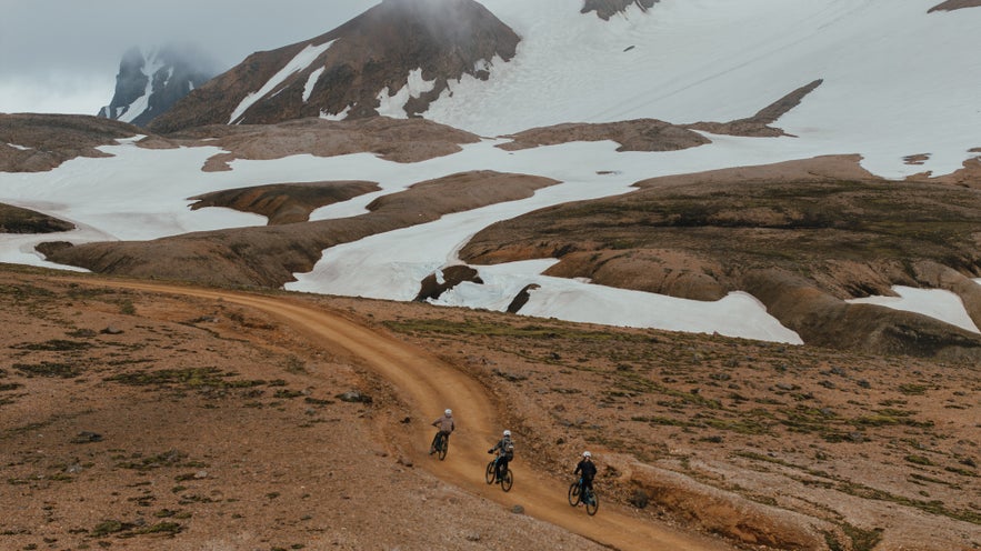 Mountain bikers at Highland Base at Kerlingarfjoll Mountains