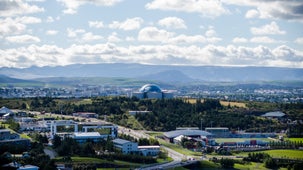 The vibrant Oskjuhlid hill and forest seen from a distance.