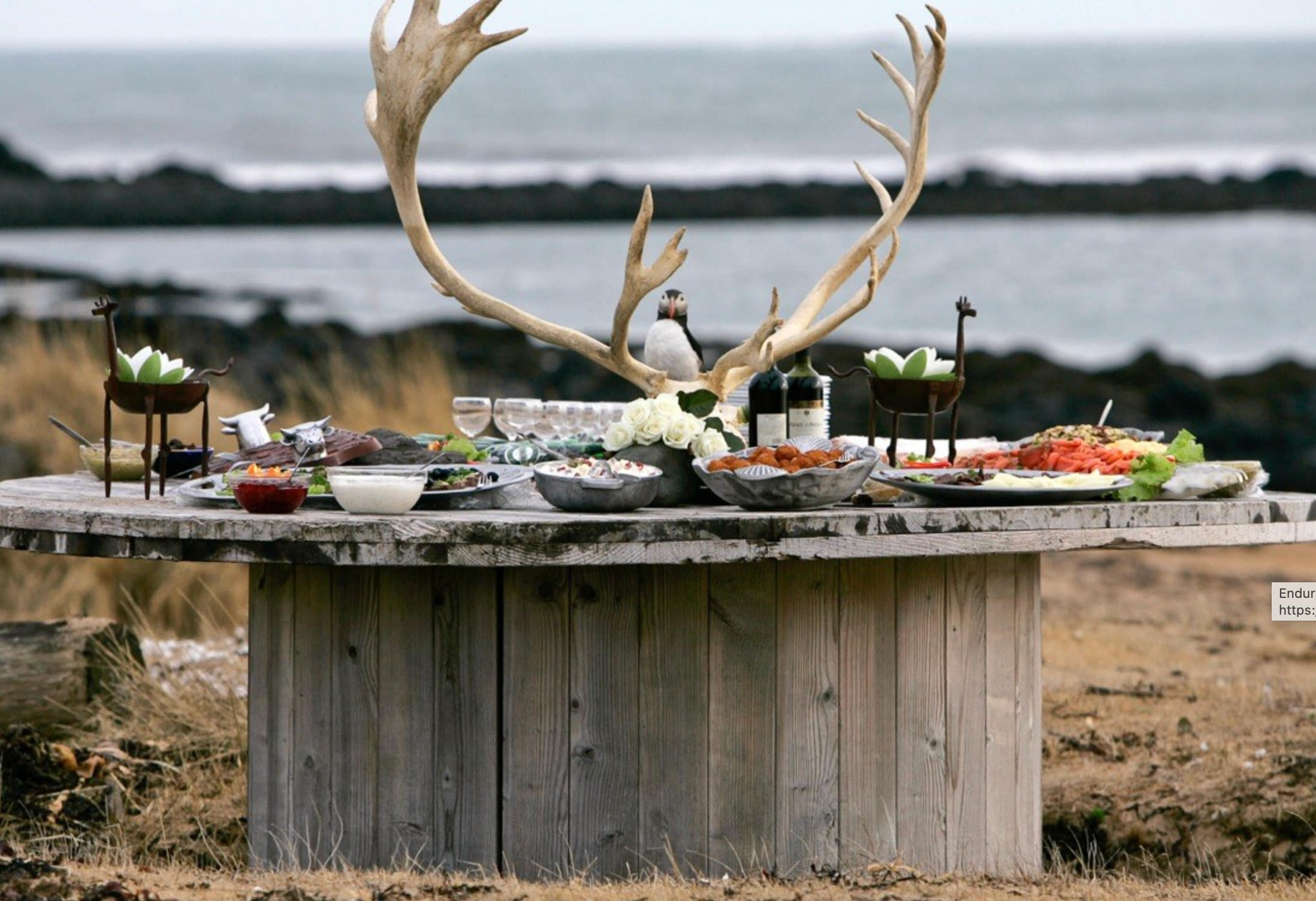 Luxury coastal buffet with seafood and antler decor on a rustic table near the black sand shores of South Iceland.