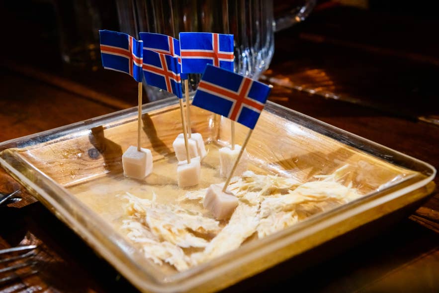 Hakarl, fermented shark meat with dried fish in Iceland.