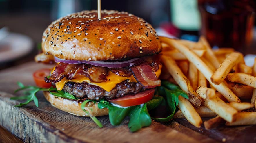 Juicy beef burger topped with cheese and bacon, with fries on the side.