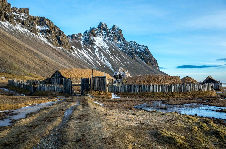 The turf houses in the Viking Village of East Iceland.