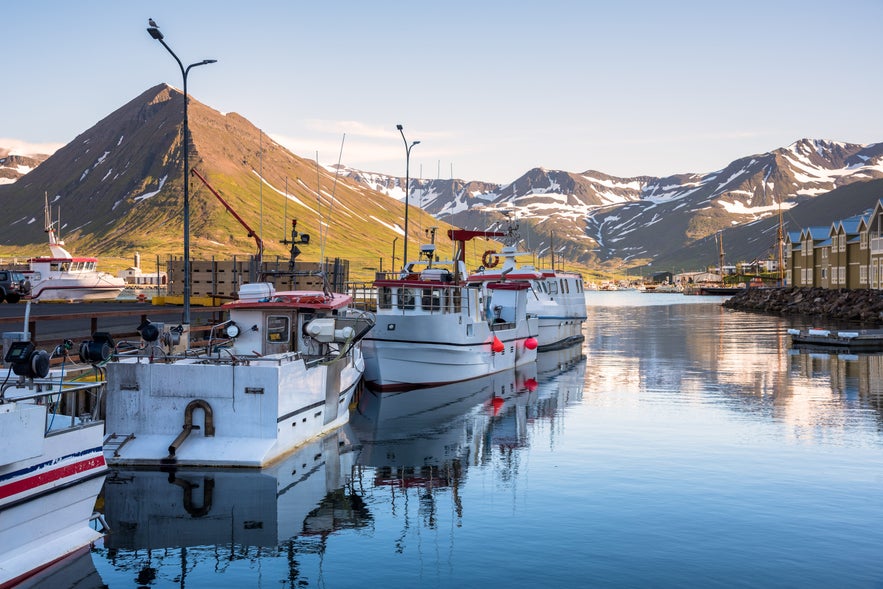 Fishing boats docked at the harbor in Siglufjordur, Iceland, with snow-streaked mountains and green slopes rising in the background under a clear blue sky. Calm water reflects the boats and the surrounding scenery.