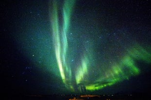 The northern lights shining green and yellow in the night's sky.