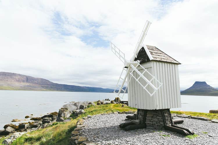 The charming windmill located on Vigur Island in Iceland's Westfjords.