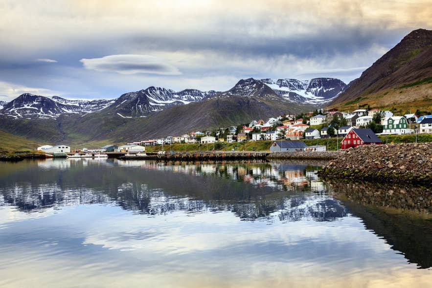 Peaceful view of Siglufjordur, the scenic North Iceland town that hosts the Folk Song Festival, a highlight of festivals in Iceland.