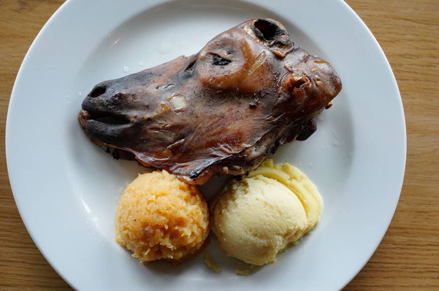 Svid oder gekochter Schafskopf ist ein traditionelles isländisches Gericht, oft serviert mit Kartoffelpüree und Steckrüben.