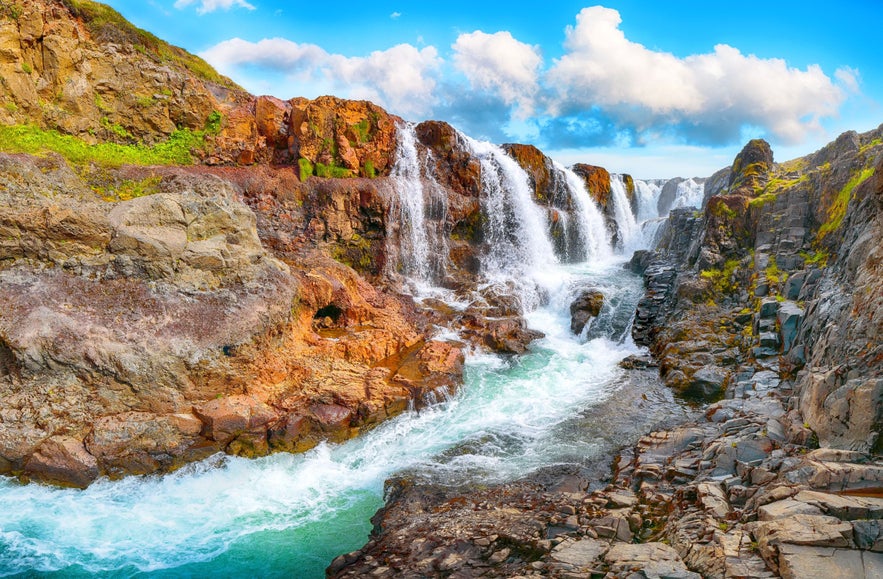 Colorful waterfall in the red rock landscape of Kolugil canyon in Iceland, with clear turquoise water and rugged basalt formations under a bright blue sky.