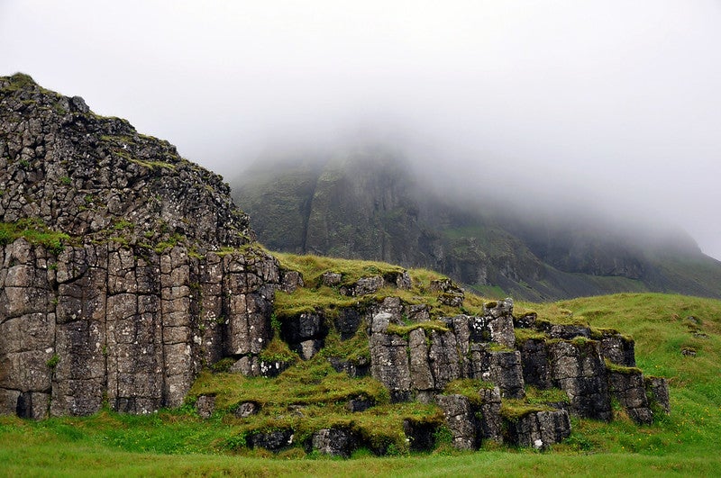 The Dverghamrar Cliffs in South Iceland form a horseshoe-shaped canyon of basalt columns. The Dverghamrar Cliffs in South Iceland form a horseshoe-shaped canyon of basalt columns.