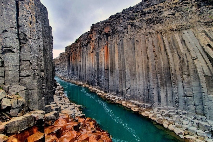 The Studlagil canyon, with its beautiful basalt columns and blue-green river.