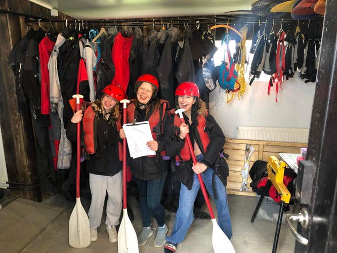 Participants of the whitewater rafting tour wearing their rafting equipment.