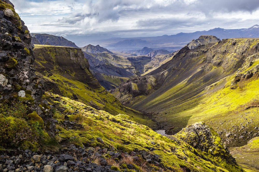 The lush green landscapes in the Fimmvorduhals, the highlands of Iceland.