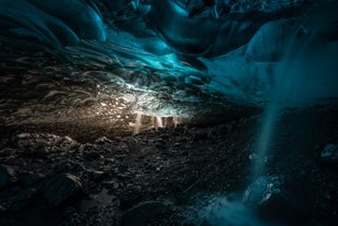 The magical icy landscape inside an ice cave near the Jokulsarlon glacier lagoon.