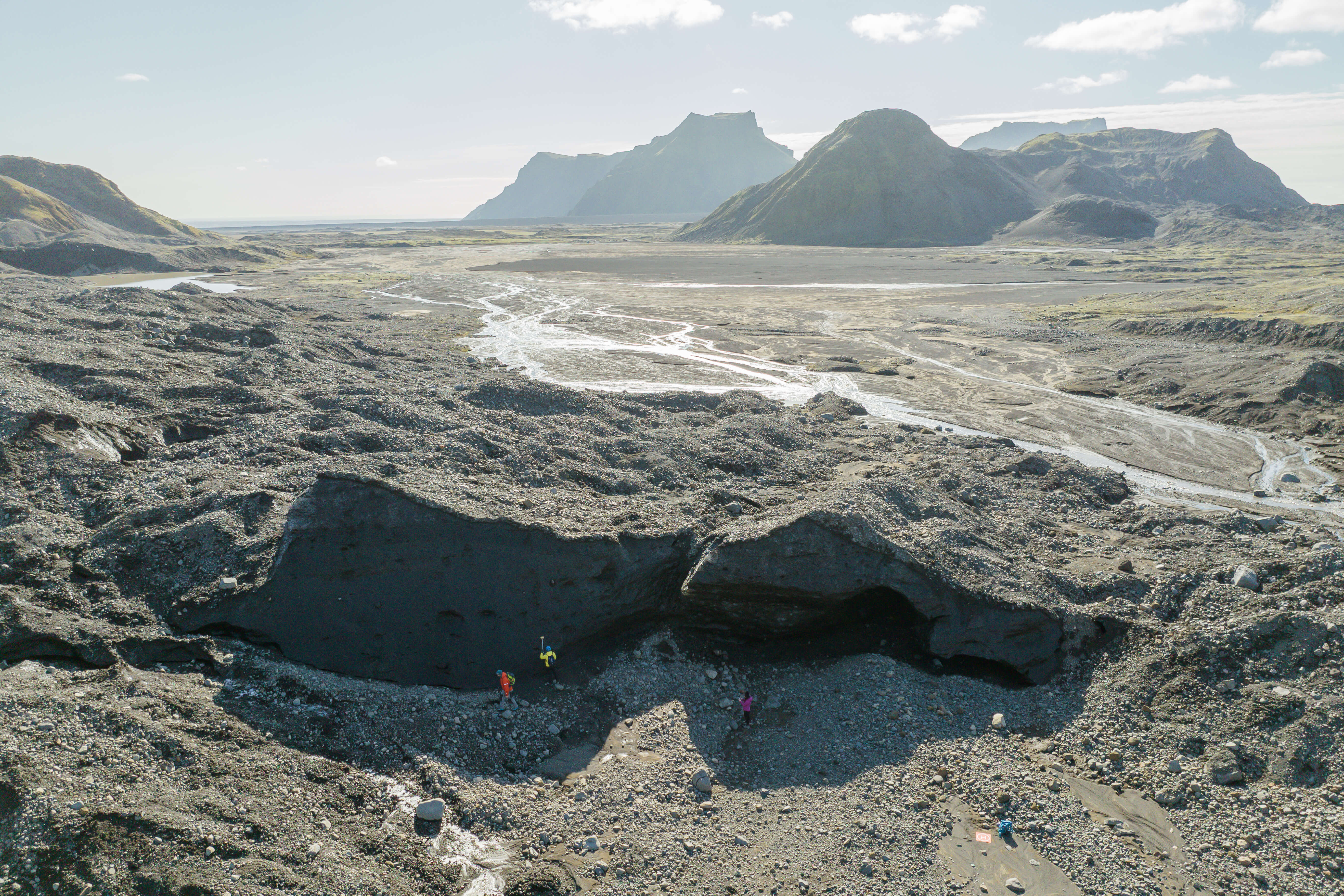 Surveyors explore a glacier cave during the Ice Mapping Expedition at Katla Glacier in Katla Geopark in South Iceland.