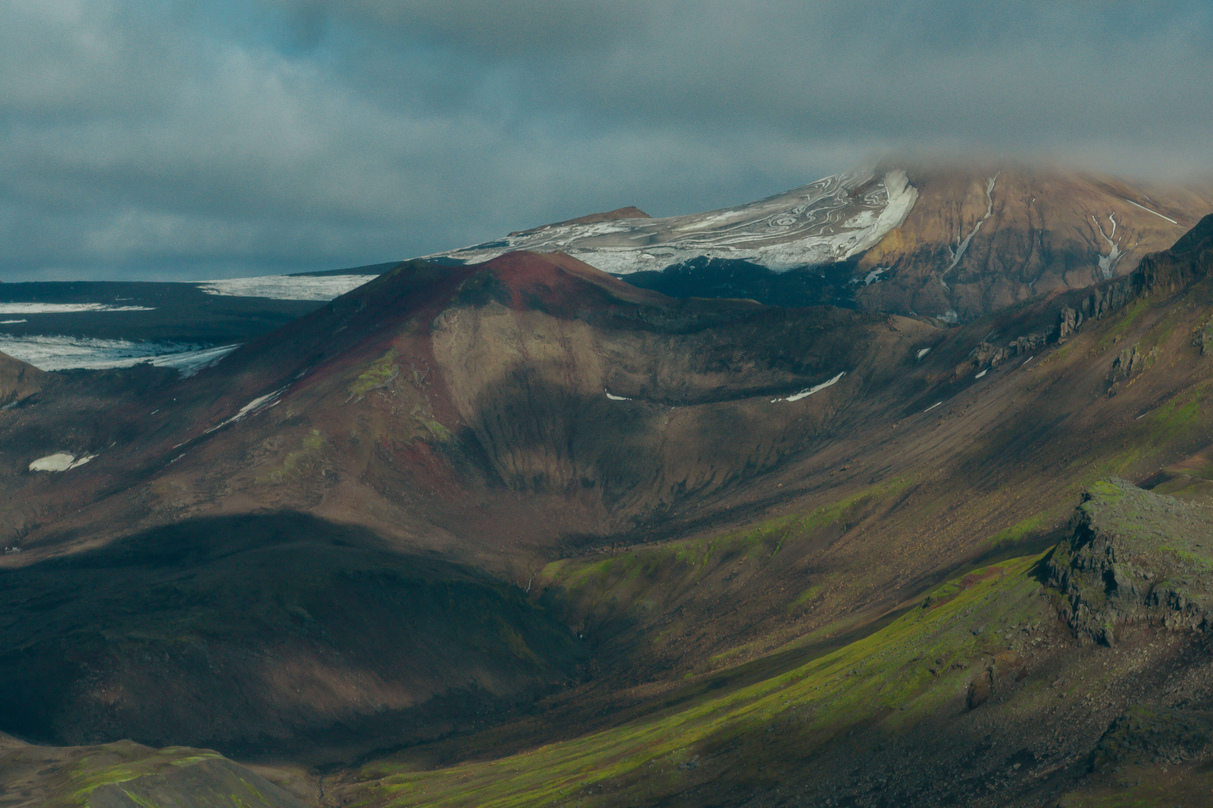 Shades of brown ash, green moss, and white snow cover the surface of a mountain