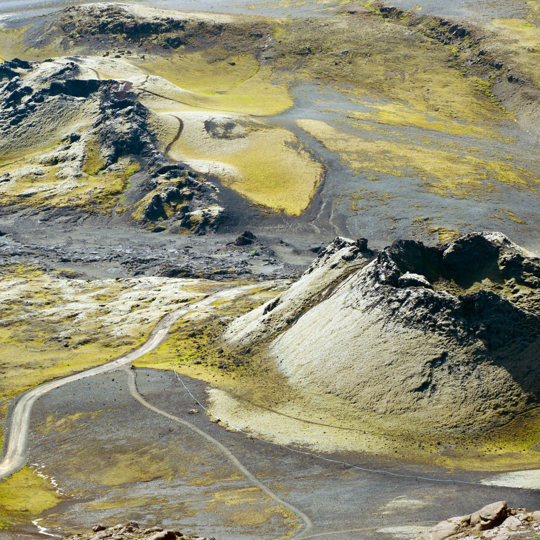 Winding trail through volcanic craters and mossy hills in the Laki Craters area.