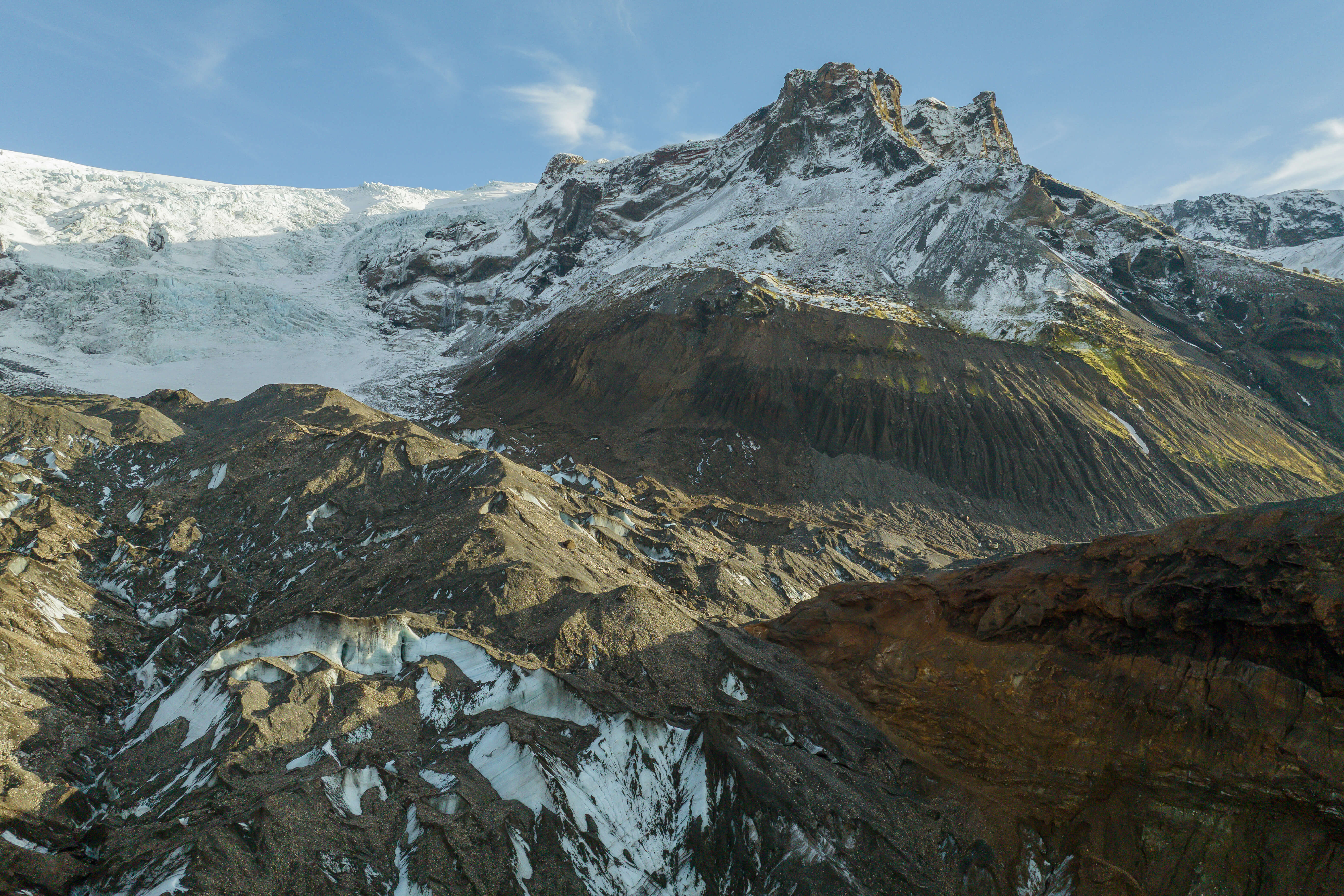 Krossarjokull Glacier in Katla Geopark with ice formations and rugged volcanic terrain in South Iceland.