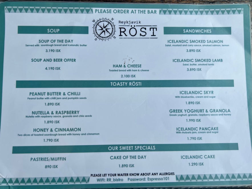 Reykjavik Rost Food Menu