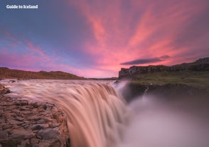 Dettifoss waterfall, shown here at sunset, is the largest waterfall in Iceland and one of the most powerful in Europe.