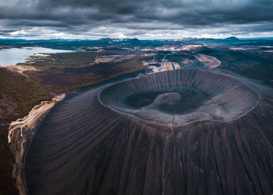 Hverfjall volcano crater near Lake Myvatn in North Iceland under dramatic skies