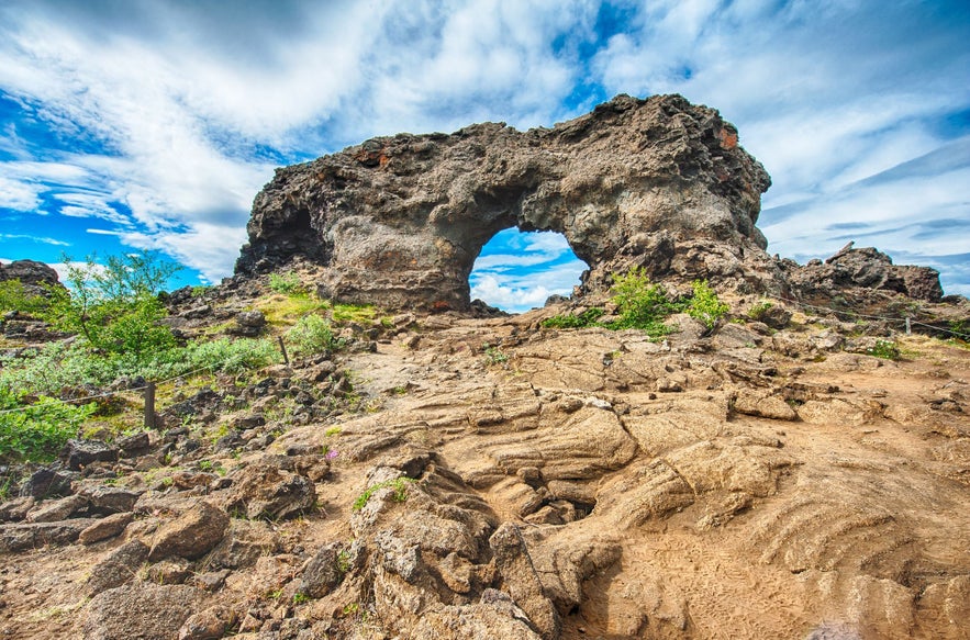 Gatklettur lava rock arch in Dimmuborgir near Lake Myvatn, North Iceland on a sunny day