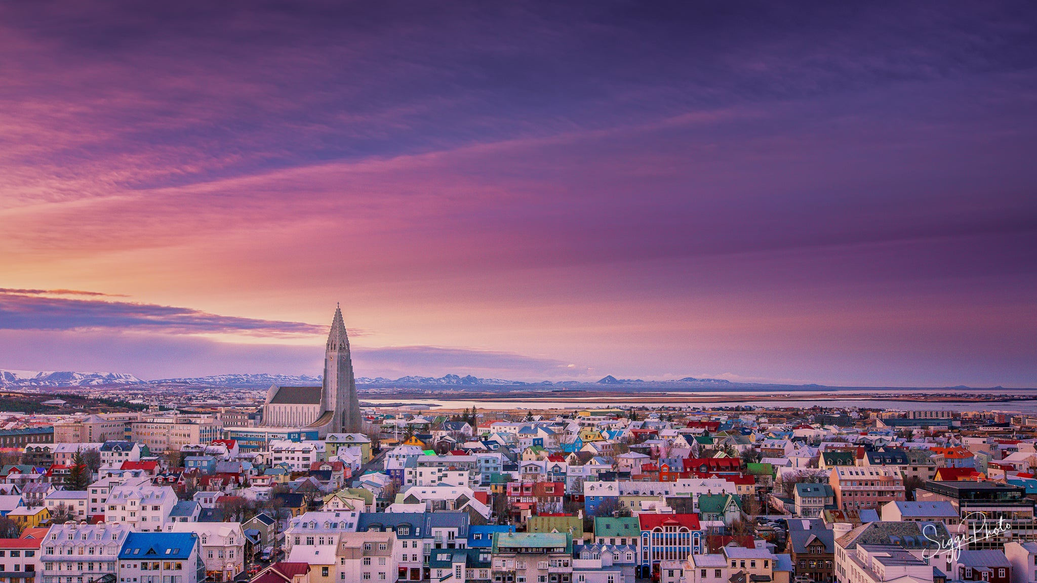 Overlooking Iceland's capital city, Reykjavik at night time.