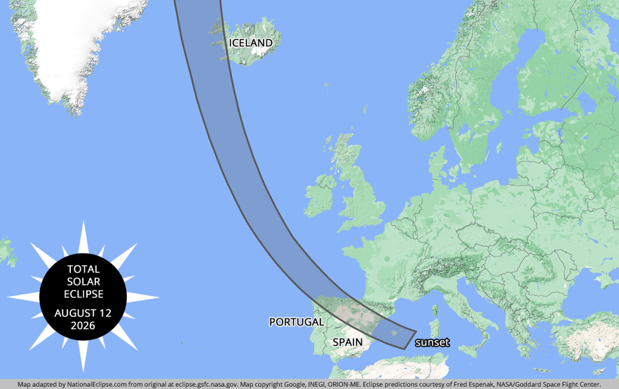 Map showing the 2026 total solar eclipse path crossing over Iceland, Spain, and Portugal.