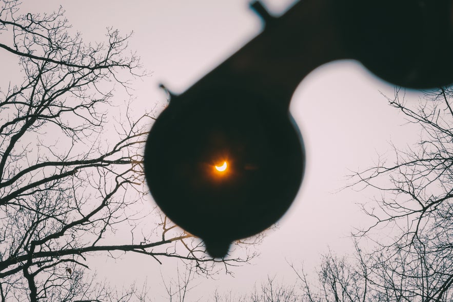 A solar eclipse is viewed through eclipse glasses with bare tree branches silhouetted against the sky.