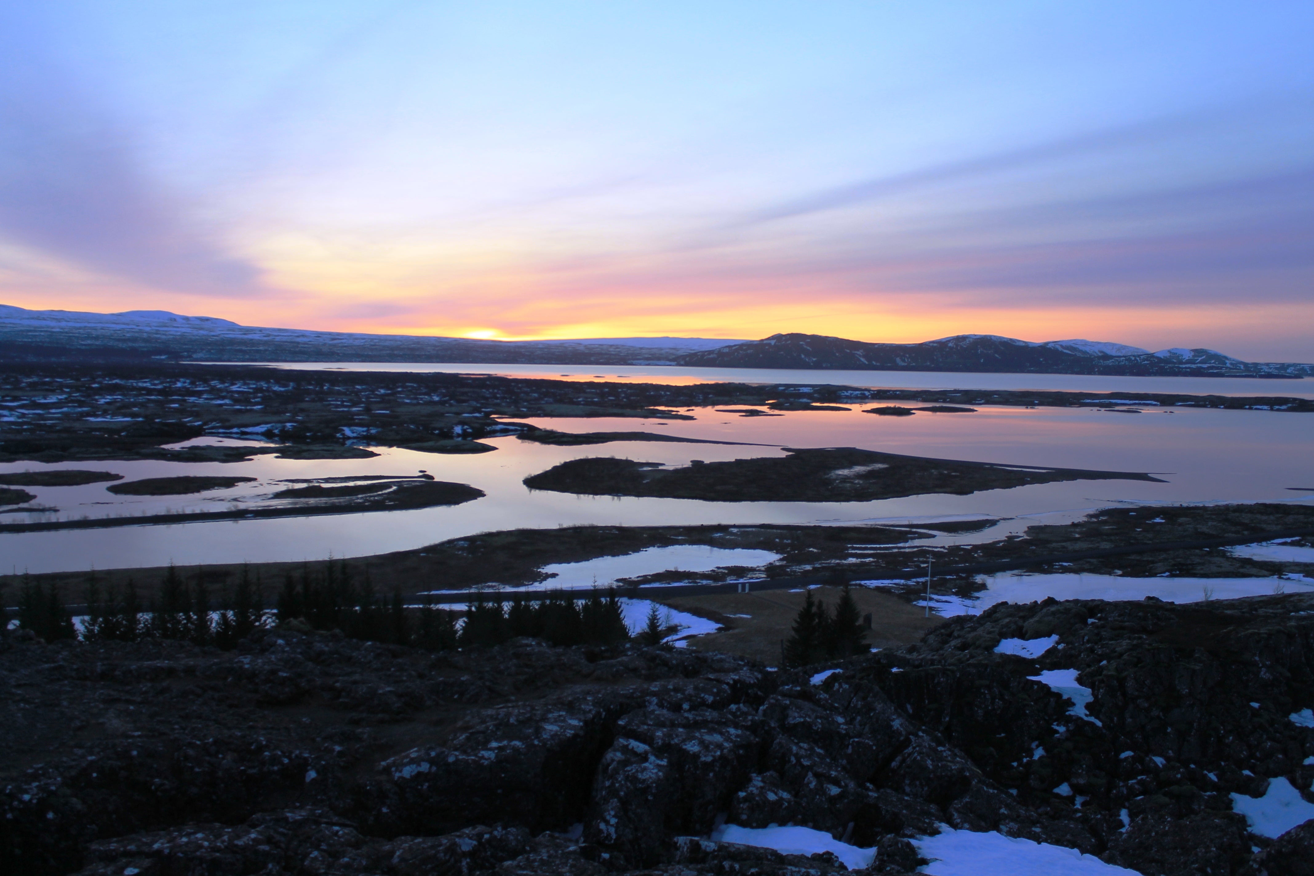 A body of water in Iceland at sunset.