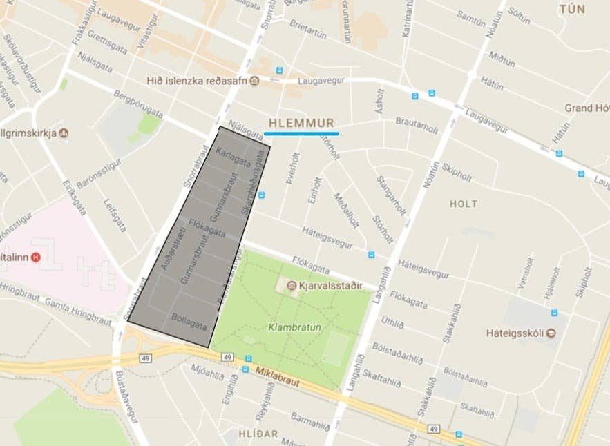 レイキャビク中心部の地図。フレムルとノルズルミリ地区が示されている。