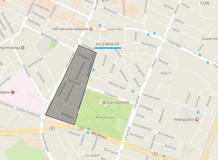 Map of downtown Reykjavik showcasing the Hlemmur and Nordurmyri areas