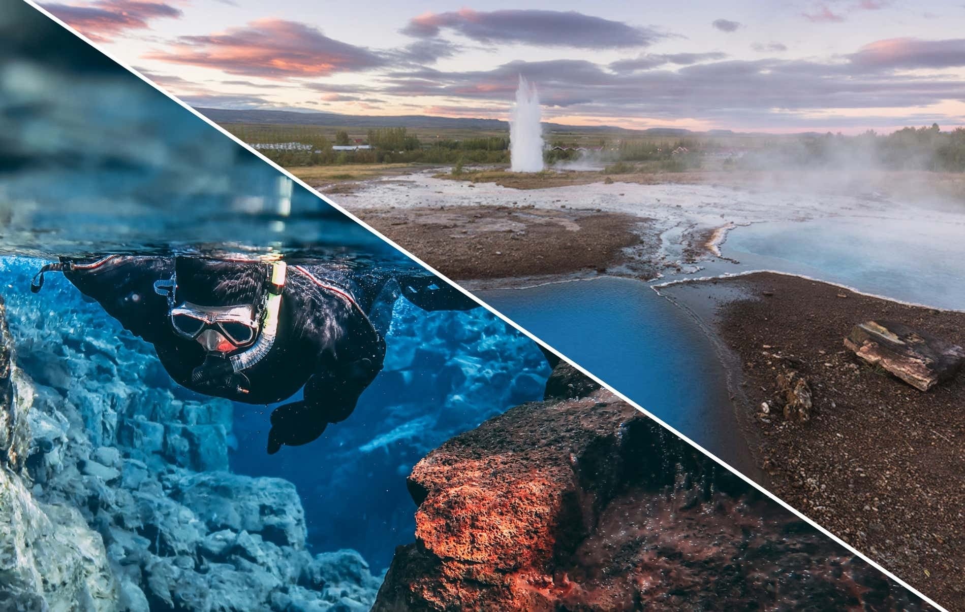 Kombinasjonstur med Golden Circle og Silfra-snorkling på Island, med Thingvellir nasjonalparks Silfra-spalte og Strokkur-geysiren i utbrudd ved solnedgang.