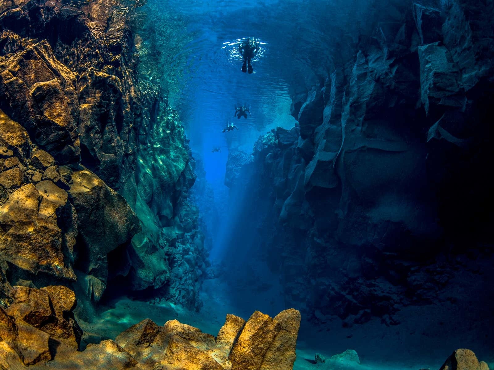Schnorchler im glasklaren Wasser der Silfra-Spalte zwischen der nordamerikanischen und der eurasischen Kontinentalplatte im Thingvellir-Nationalpark in Island.