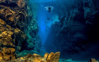 Snorkelaars zwemmen in het kristalheldere water van de Silfra-kloof, tussen de Noord-Amerikaanse en Euraziatische tektonische platen in het Thingvellir National Park, IJsland.