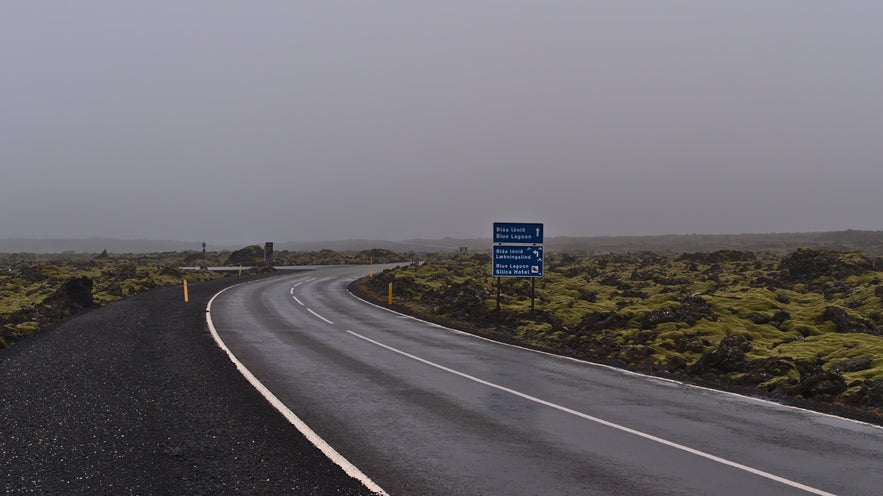 A road between lava fields on the Reykjanes Peninsula of Iceland.