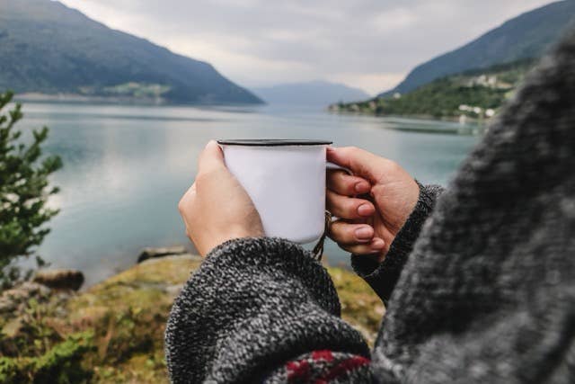 A person holds a coffee cup, viewed from behind, with a fjord in the background