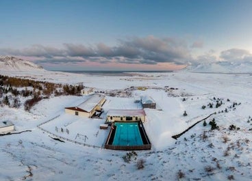 An aerial view of Soti Lodge, the accommodation for heliskiing tours.