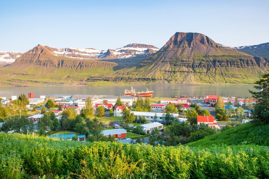 Colorful town in East Iceland on a summer day