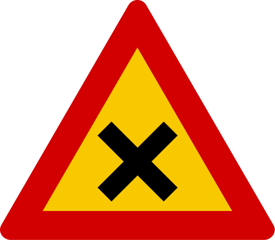 A yellow triangular sign with a red border and black X in the middle, indicating a dangerous intersection.