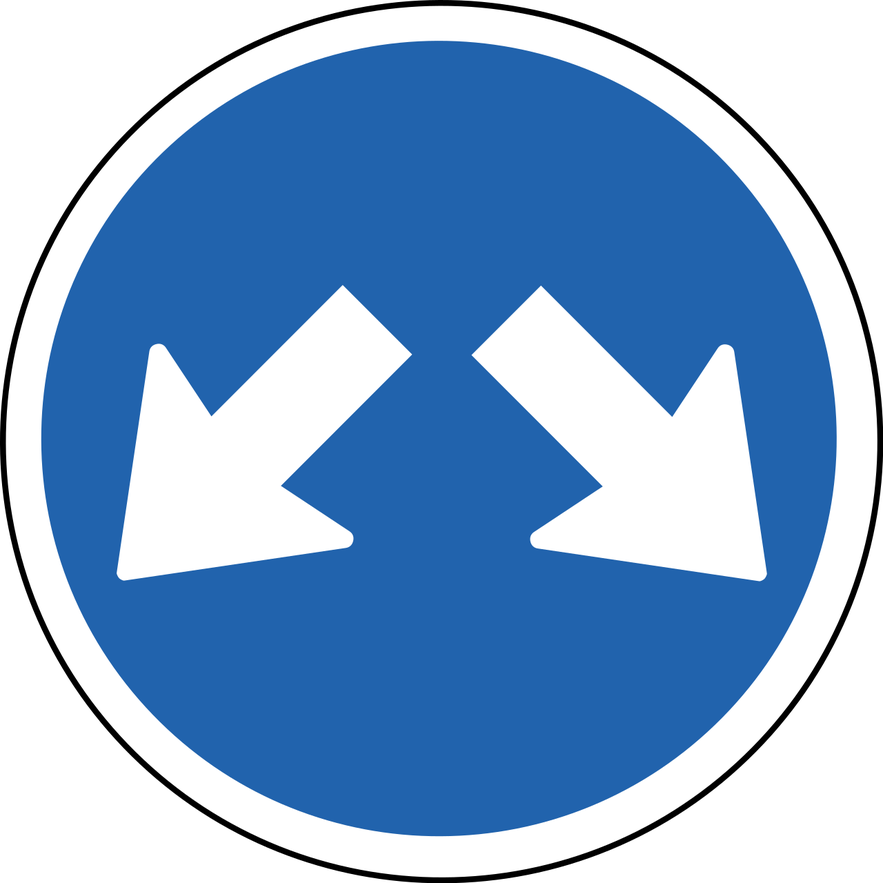 A blue circular sign with two small white arrows pointing to each side indicates you can pass on either side.