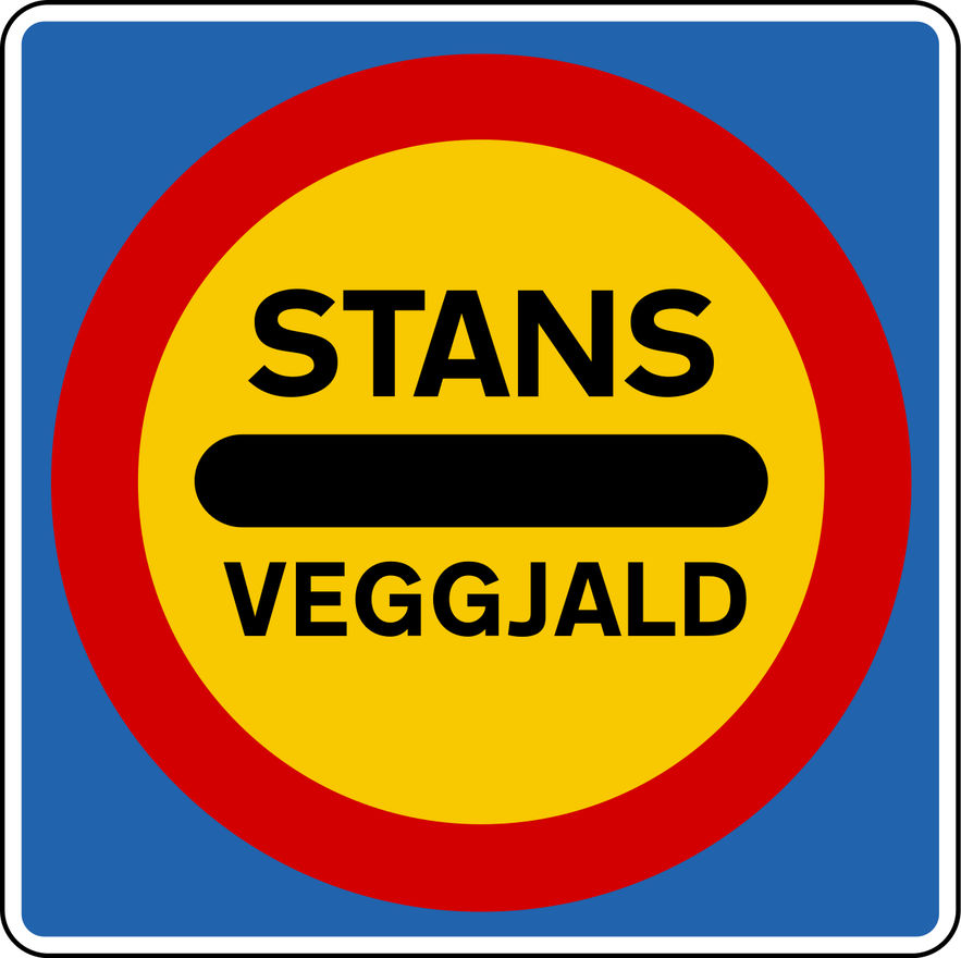 A yellow, red and blue sign in Iceland with black writing and the word "stans", informing drivers to stop.