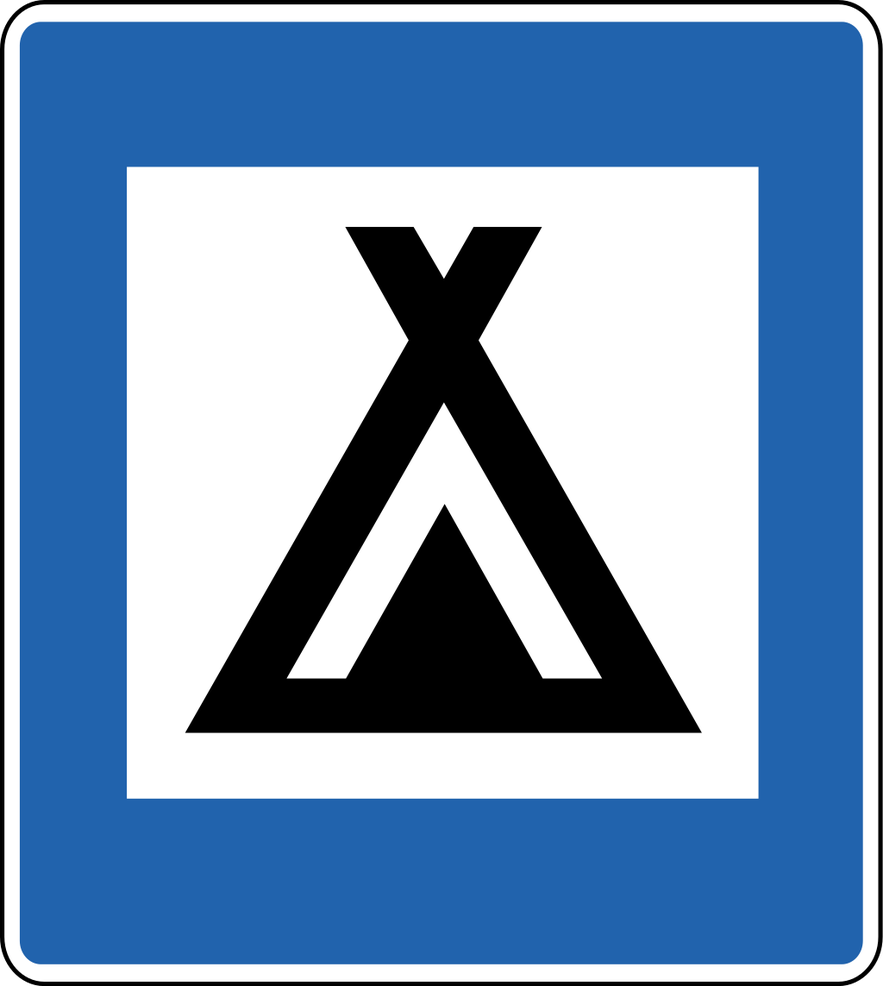 A blue square sign with a white background and black image showing a campsite in Iceland.