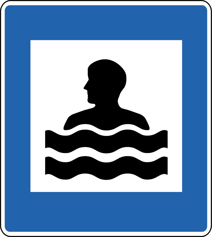 A blue and white square service sign with a black image of a person in water, indicating a swimming pool.