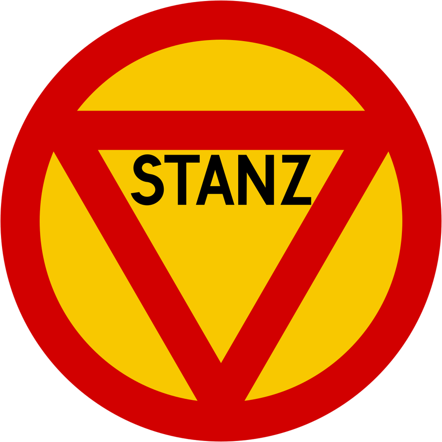 An outdated stop sign in Iceland with a yellow background, red border and triangle, and the word STANZ in the middle.