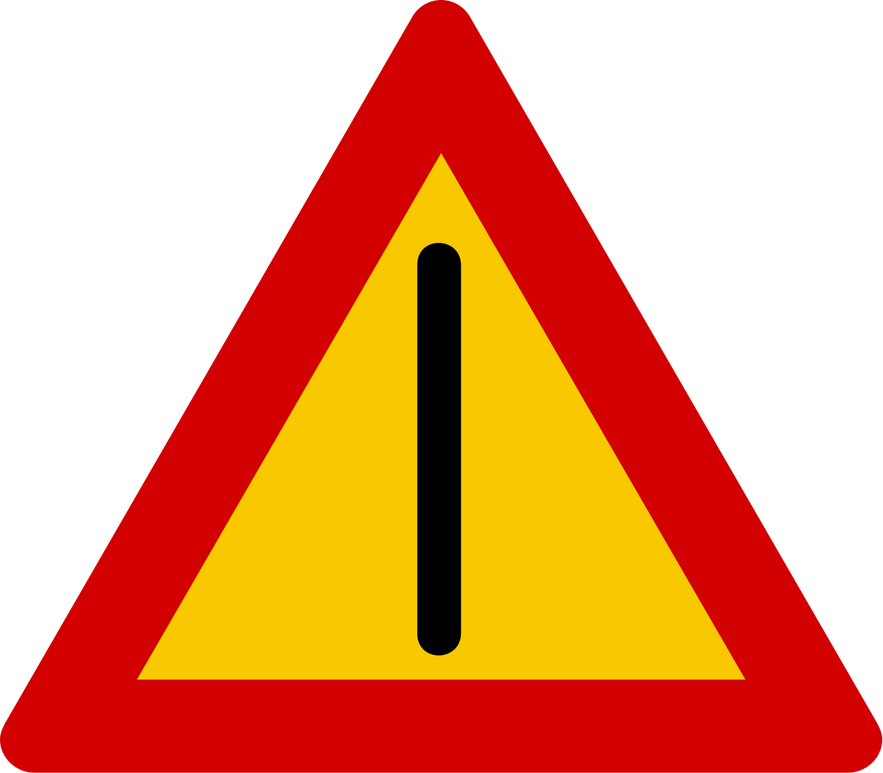 The outdated "be careful" road sign in Iceland is a yellow triangle with a red border and a black vertical line in the middle.